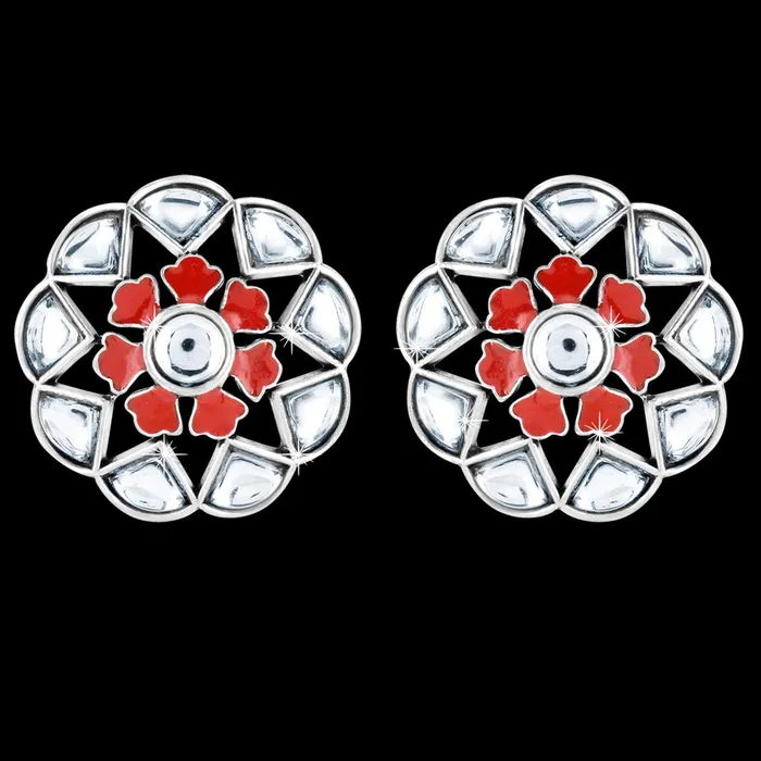 Yellow Chimes Antique Handmade Design Floral Theme Meenakari Touch Kundan Studded Oxidised Silver Stud Earrings for Women and Girls Red Yellow Chimes Earrings