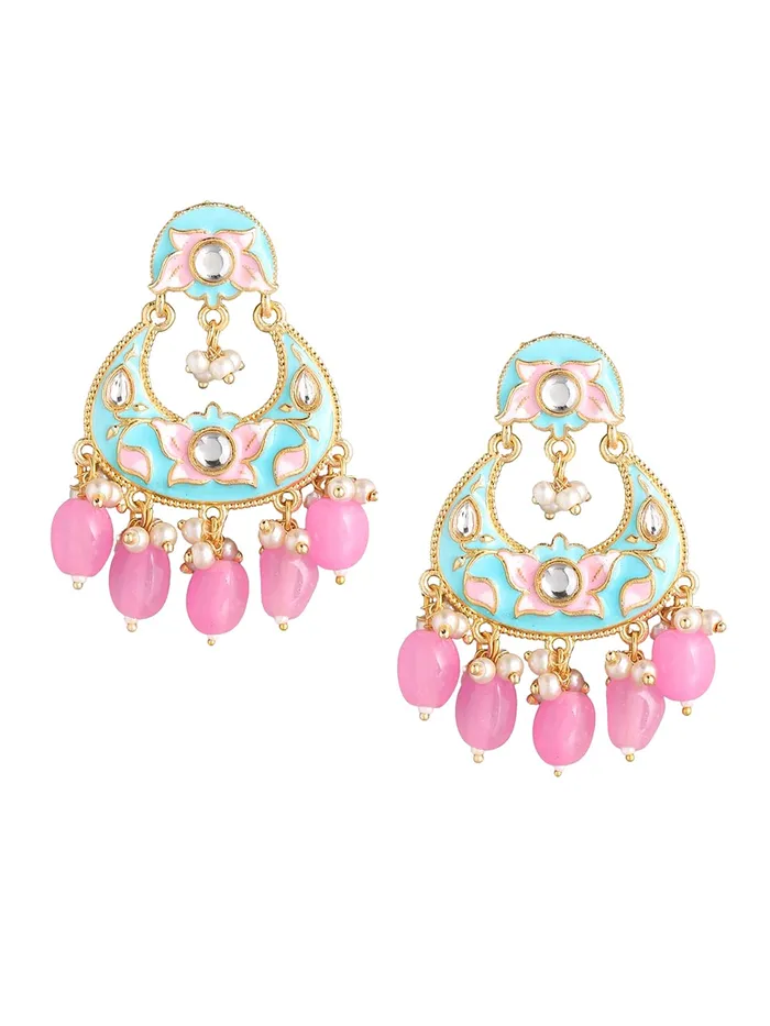 Yellow Chimes Chandbali Earrings for Women Traditional Gold Toned Blue Floral Design Pearl Meenakari Chand bali Earrings for Women and Girls Yellow Chimes Rings