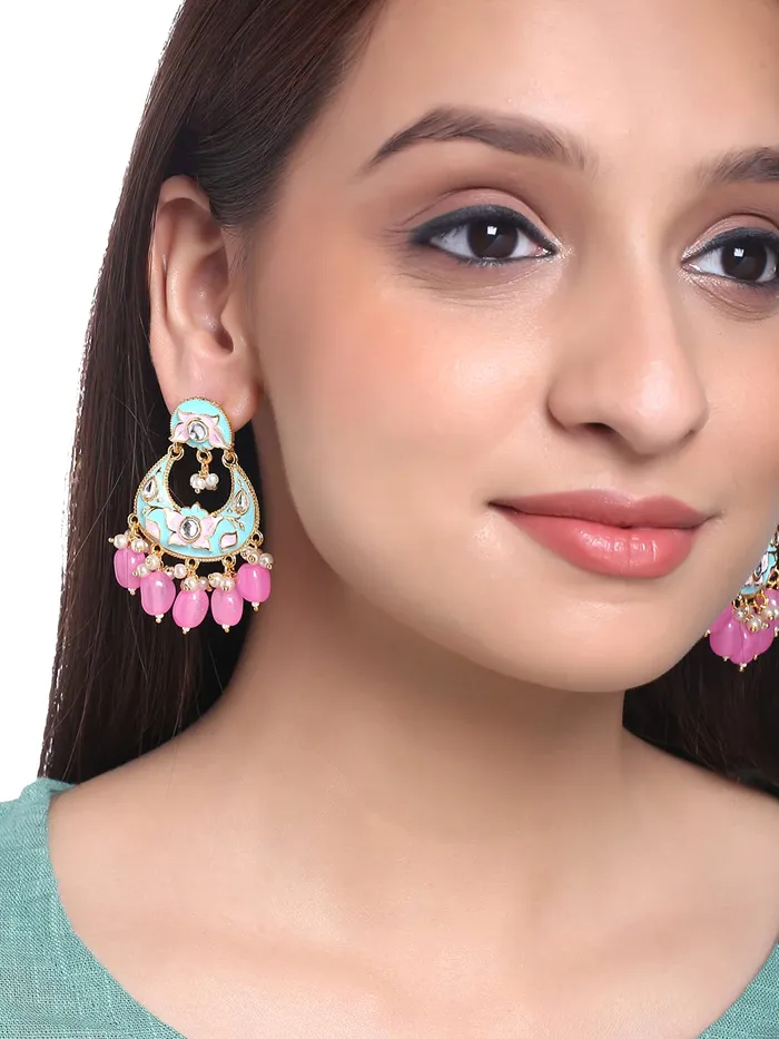 Yellow Chimes Chandbali Earrings for Women Traditional Gold Toned Blue Floral Design Pearl Meenakari Chand bali Earrings for Women and Girls Yellow Chimes Rings