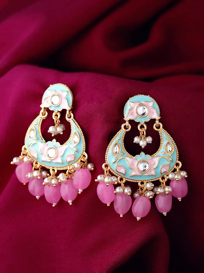 Yellow Chimes Chandbali Earrings for Women Traditional Gold Toned Blue Floral Design Pearl Meenakari Chand bali Earrings for Women and Girls Yellow Chimes Rings
