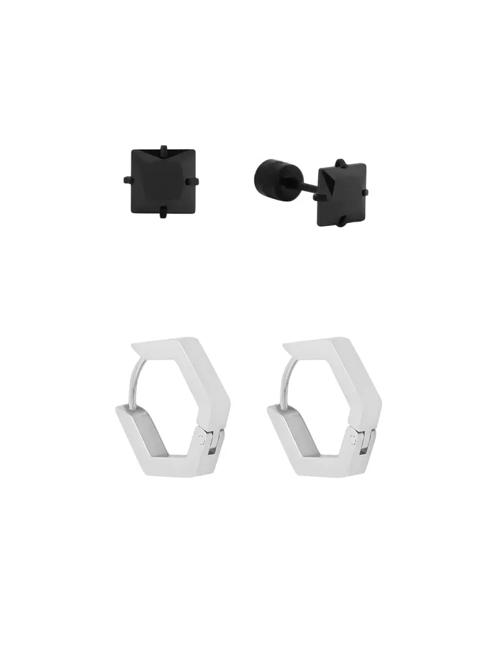 Yellow Chimes Combo Black Stud Earrings for Men Rhodium Plated Lightweight 08 cm Black 2 Pairs Rings