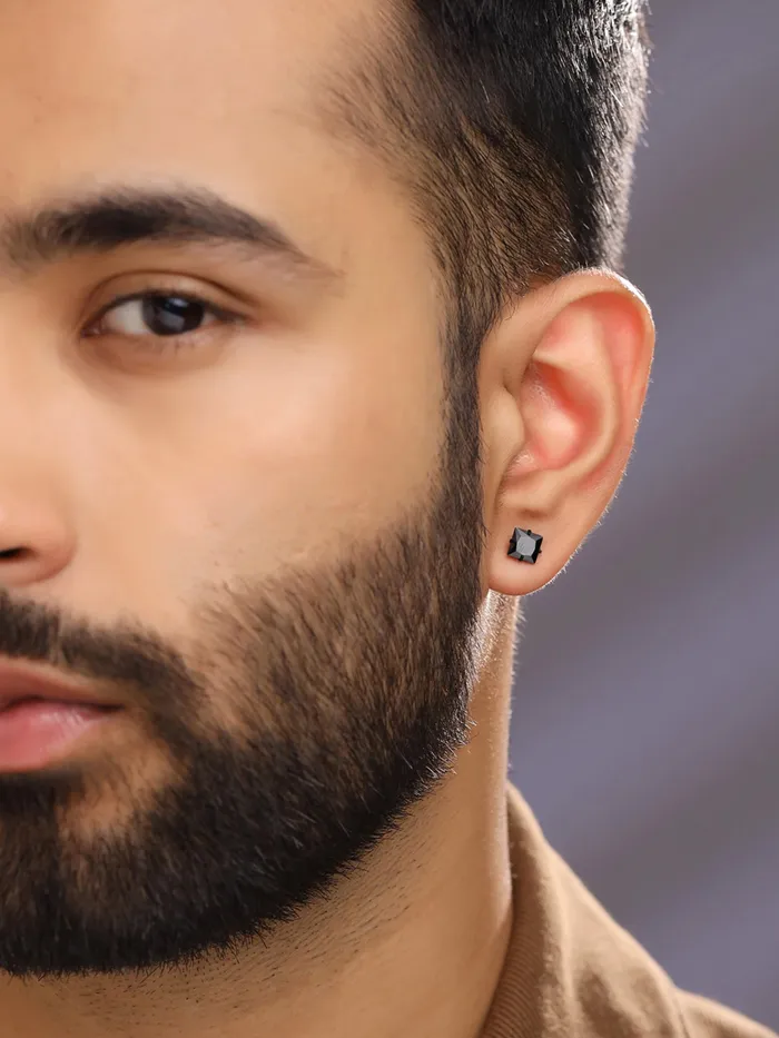Yellow Chimes Combo Black Stud Earrings for Men Rhodium Plated Lightweight 08 cm Black 2 Pairs Rings