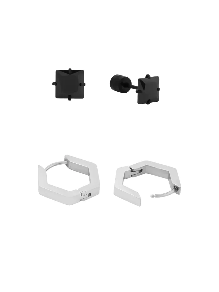 Yellow Chimes Combo Black Stud Earrings for Men Rhodium Plated Lightweight 08 cm Black 2 Pairs Rings