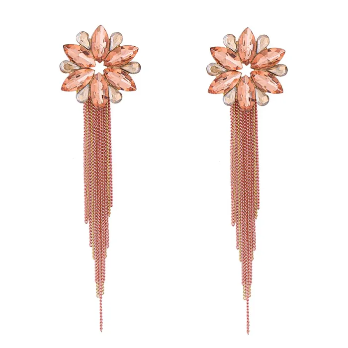 Yellow Chimes Crystal Danglers Earrings for Women Floral Shaped Crystal Pink Long Chain Dangler Earrings for Women and Girls Yellow Chimes Earrings