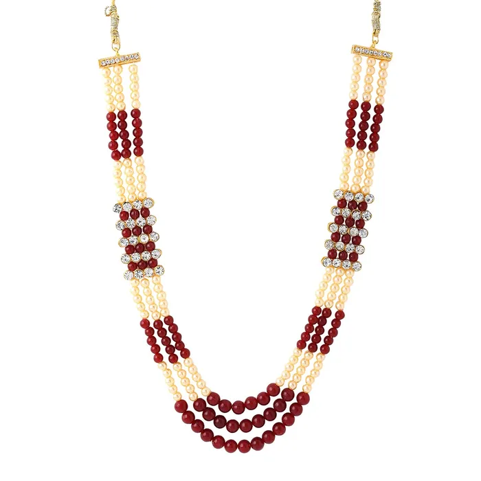 Yellow Chimes Dulahmala For Mens Red Beads Pearl Necklace Jewellery for Groom Dulha Moti Mal Haar For Men Sherwani Necklace Yellow Chimes Earrings