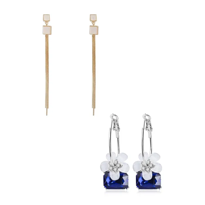 Yellow Chimes Earrings For Women 2 Pair Combo of Flower and Blue Stone Hoop and Chain Drop Dangler Earrings For Women and Girls Yellow Chimes Earrings