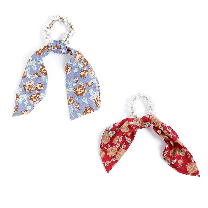 Yellow Chimes Earrings Yellow Chimes 2 Pcs Chiffon Soft Cloth 2 in 1 Design Printed Scrunchie Ponytail Holder with Bows Pearl Hair Scrunchie Accessories for Women Pack of 2 MultiColor Medium YCHARBWM015MC