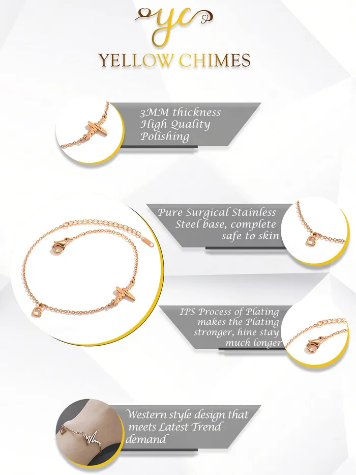 Yellow Chimes Earrings Yellow Chimes Bracelet for Women Rose GoldPlated Stainless Steel Heartbeat Love Heart Charm Bracelet For Women and Girls Valentine Gift for Girls