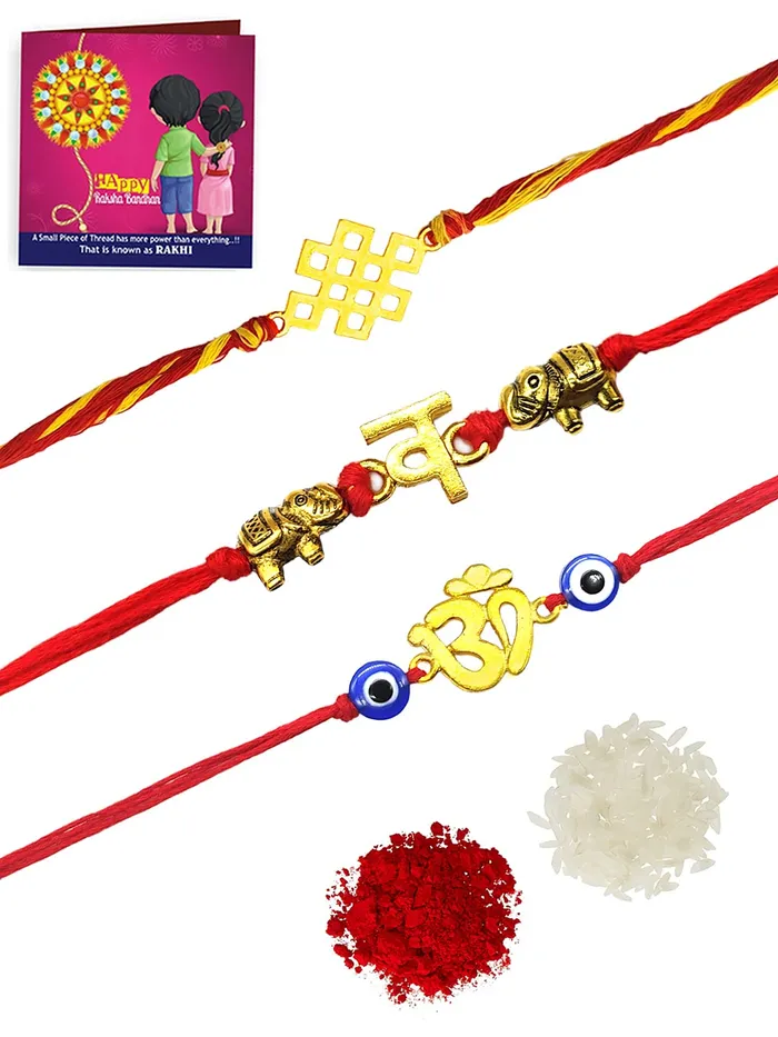 Yellow Chimes Earrings Yellow Chimes Combo of 3 Pcs Handmade Dori Worked Gold Toned OM Initial Letter V and Celtic Design Evil Eye Beads Rakhi for Brother with Roli Chawal