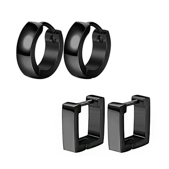 Yellow Chimes Earrings Yellow Chimes Elegant Latest Fashion Combo of Two Pairs Stainless Steel Black Geometric Hoops Combo Earrings for Men and Women Medium Model YCFJERCIRSQUCBK