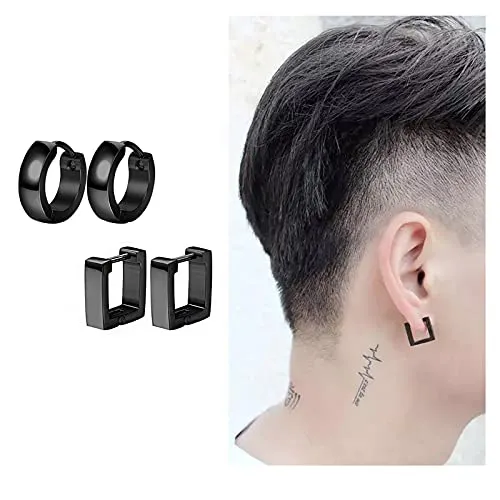 Yellow Chimes Earrings Yellow Chimes Elegant Latest Fashion Combo of Two Pairs Stainless Steel Black Geometric Hoops Combo Earrings for Men and Women Medium Model YCFJERCIRSQUCBK
