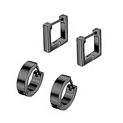 Yellow Chimes Earrings Yellow Chimes Elegant Latest Fashion Combo of Two Pairs Stainless Steel Black Geometric Hoops Combo Earrings for Men and Women Medium Model YCFJERCIRSQUCBK
