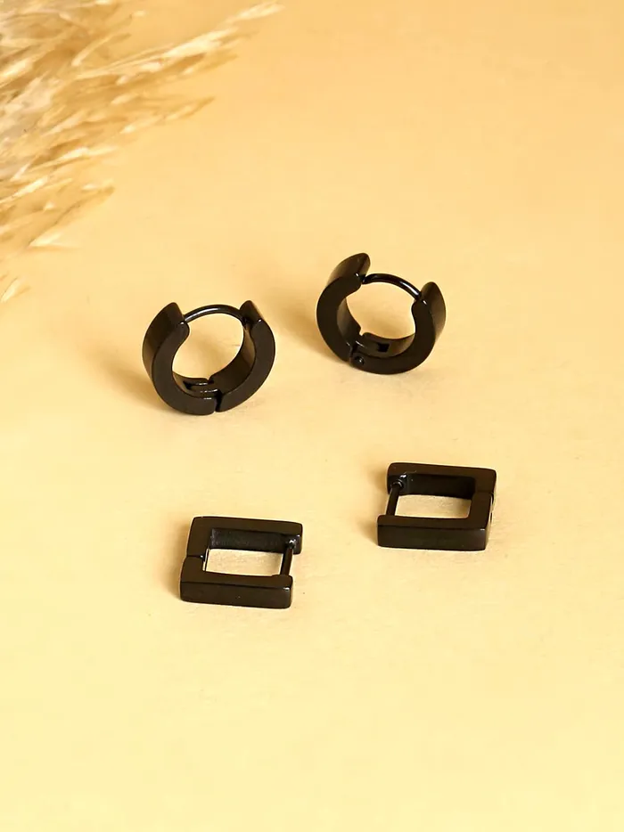 Yellow Chimes Earrings Yellow Chimes Elegant Latest Fashion Combo of Two Pairs Stainless Steel Black Geometric Hoops Combo Earrings for Men and Women Medium Model YCFJERCIRSQUCBK