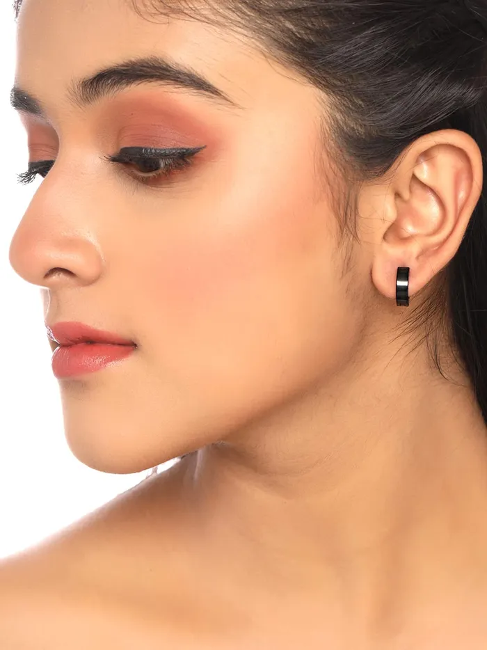 Yellow Chimes Earrings Yellow Chimes Elegant Latest Fashion Combo of Two Pairs Stainless Steel Black Geometric Hoops Combo Earrings for Men and Women Medium Model YCFJERCIRSQUCBK