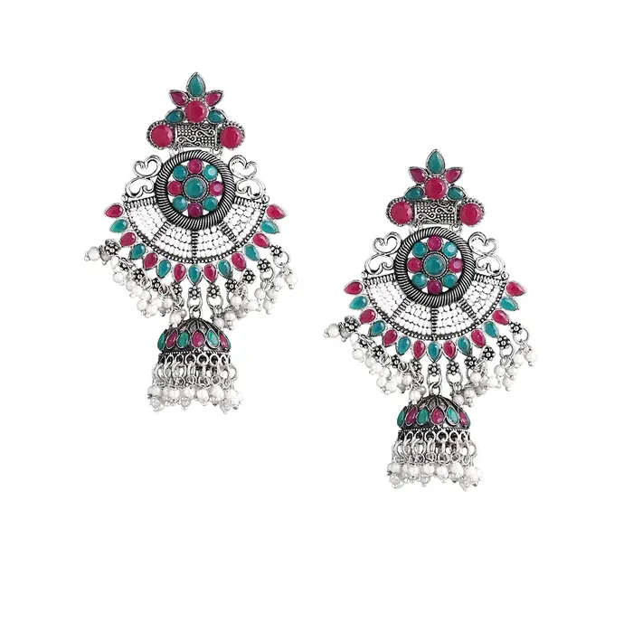 Yellow Chimes Earrings Yellow Chimes Ethnic German Silver Oxidised Green Studded stones Flower Design Pearl Moti Traditional Chandbali Earrings for Women and Girls Medium YCTJER90OXDCHDSGR