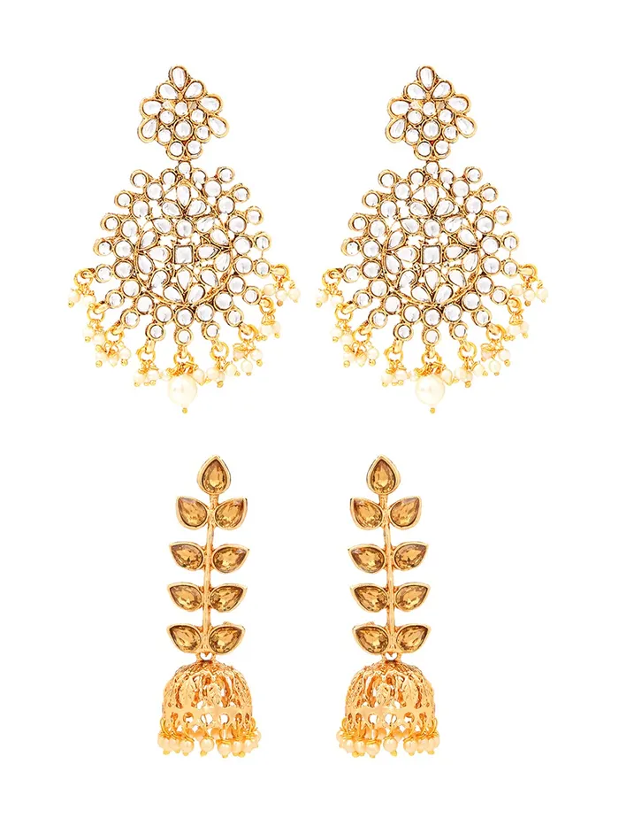 Yellow Chimes Earrings Yellow Chimes Ethnic Gold Plated combo of two pairs Kundan Studded Leaf Design Pearl Moti Jhumka and Dangler Earrings for Women and Girls Medium YCTJER7KUDJUMCGL