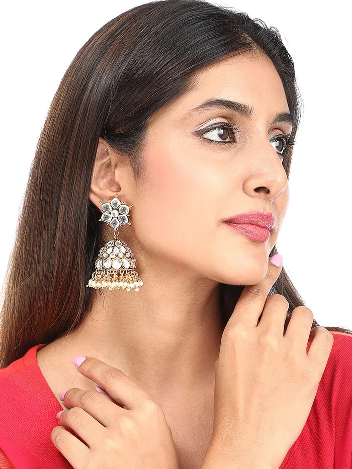 Yellow Chimes Earrings Yellow Chimes Ethnic Gold Plated Flower Design Traditional Stone Moti Beads Jhumka Earrings for Women and Girls