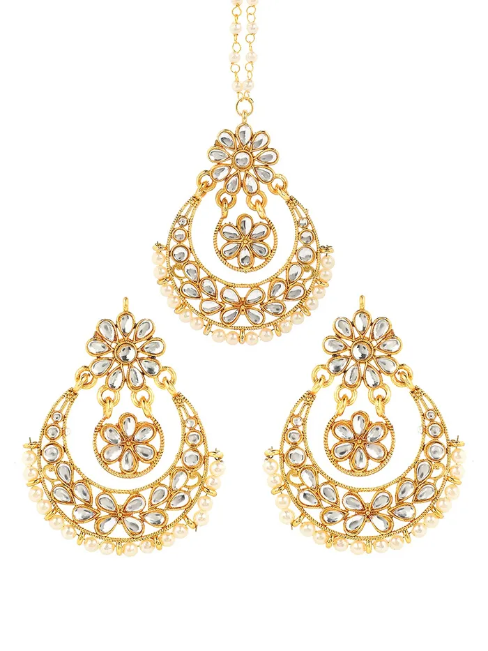 Yellow Chimes Earrings Yellow Chimes Ethnic Gold Plated Traditional Kundan Pearl Chandbali Earrings with Maangtikka for Women and Girls Medium YCTJER06KUDFLWGL
