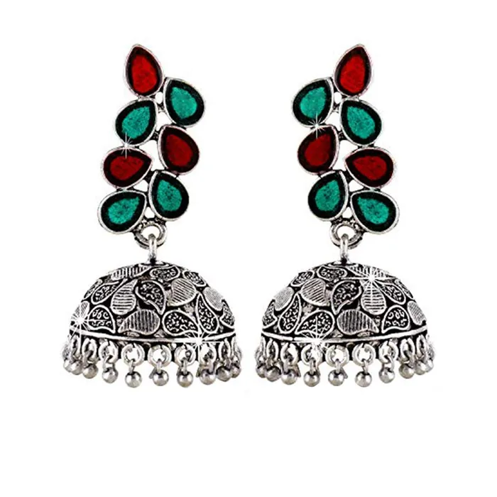Yellow Chimes Earrings Yellow Chimes German Silver Oxidized Jhumka Meenakari Touch Traditional JhumkiJhumka Earrings for Women
