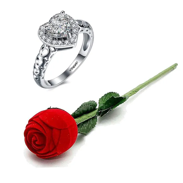 Yellow Chimes Earrings Yellow Chimes Rings for Women White Crystal Stone Heart Shaped Ring in Red Velvet Rose Ring Box for Women and Girls
