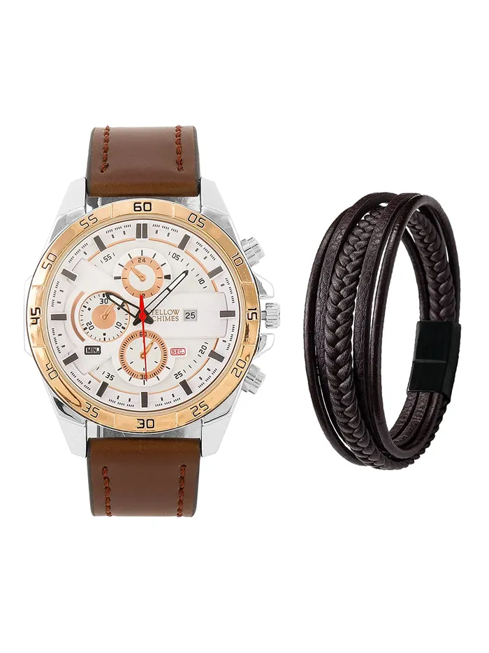 Yellow Chimes Earrings Yellow Chimes Stainless Steel Genuin Leather Brown Analogue Watch with Brown Leather Bracelet for Men Boys in a Gift Box Medium YCMG01WTCHBRTBR