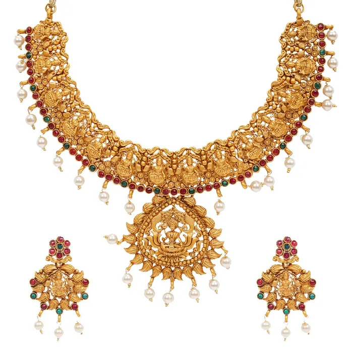 Yellow Chimes Earrings Yellow Chimes Traditional Jewellery Set for Women Ethnic Jewellery Set Gold Plated Temple Jewelry Set Traditional Choker Necklace Set for Women and Girls