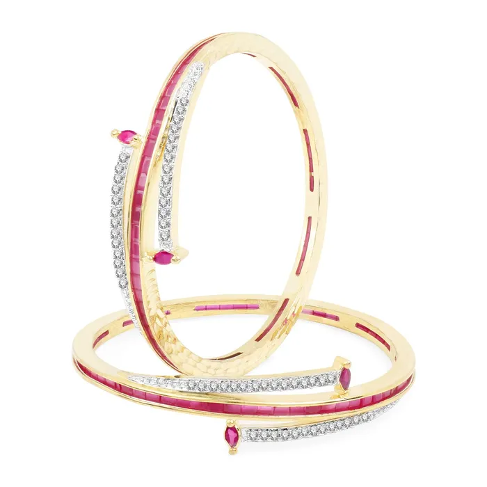 Yellow Chimes Elegant Set of 2 Pcs Pink ADAmerican Diamond Studded 18k Gold Plated Handcrafted Ruby Bangles for Women Girls 28 Yellow Chimes Earrings