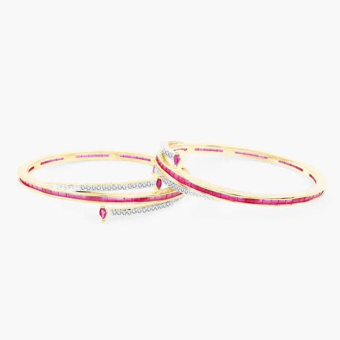 Yellow Chimes Elegant Set of 2 Pcs Pink ADAmerican Diamond Studded 18k Gold Plated Handcrafted Ruby Bangles for Women Girls 28 Yellow Chimes Earrings