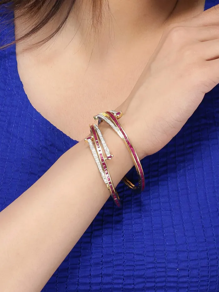 Yellow Chimes Elegant Set of 2 Pcs Pink ADAmerican Diamond Studded 18k Gold Plated Handcrafted Ruby Bangles for Women Girls 28 Yellow Chimes Earrings