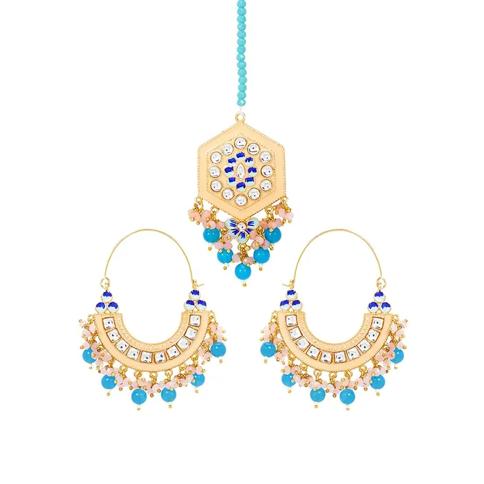 Yellow Chimes Ethnic Gold Plated Traditional Studded Stone Blue Beads Yellow Meenakari Chandbali Earrings with Maangtikka for Women and Girls Medium YCTJER108CNDMGTMYL Yellow Chimes Earrings