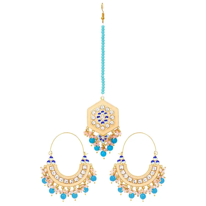 Yellow Chimes Ethnic Gold Plated Traditional Studded Stone Blue Beads Yellow Meenakari Chandbali Earrings with Maangtikka for Women and Girls Medium YCTJER108CNDMGTMYL Yellow Chimes Earrings