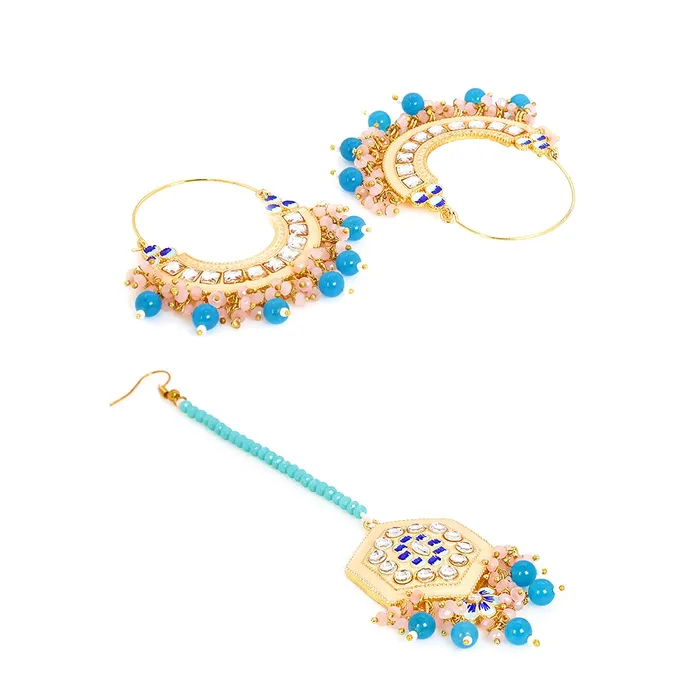 Yellow Chimes Ethnic Gold Plated Traditional Studded Stone Blue Beads Yellow Meenakari Chandbali Earrings with Maangtikka for Women and Girls Medium YCTJER108CNDMGTMYL Yellow Chimes Earrings