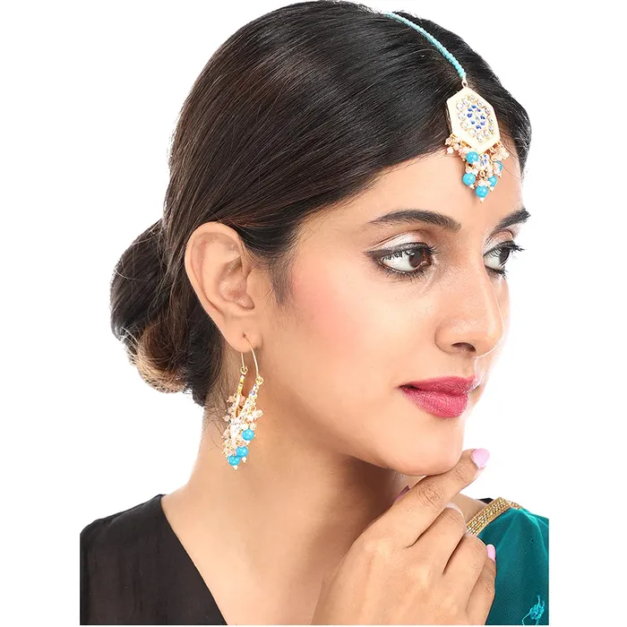 Yellow Chimes Ethnic Gold Plated Traditional Studded Stone Blue Beads Yellow Meenakari Chandbali Earrings with Maangtikka for Women and Girls Medium YCTJER108CNDMGTMYL Yellow Chimes Earrings
