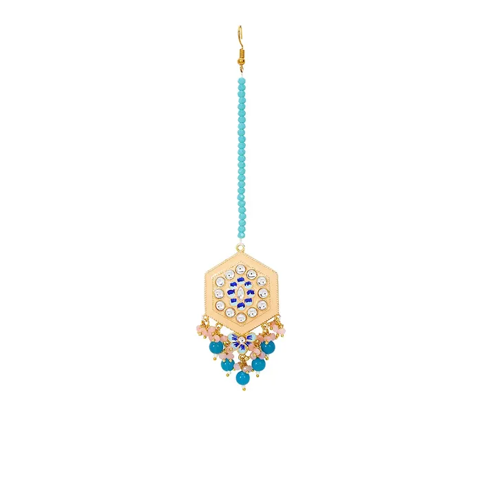 Yellow Chimes Ethnic Gold Plated Traditional Studded Stone Blue Beads Yellow Meenakari Chandbali Earrings with Maangtikka for Women and Girls Medium YCTJER108CNDMGTMYL Yellow Chimes Earrings