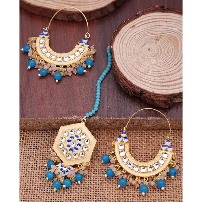 Yellow Chimes Ethnic Gold Plated Traditional Studded Stone Blue Beads Yellow Meenakari Chandbali Earrings with Maangtikka for Women and Girls Medium YCTJER108CNDMGTMYL Yellow Chimes Earrings