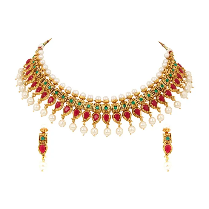 Yellow Chimes Ethnic Handcrafted Classic Jewellery Set Studded Stoned Gold Plated Traditional Choker Necklace Set for Women Girls Yellow Chimes Earrings