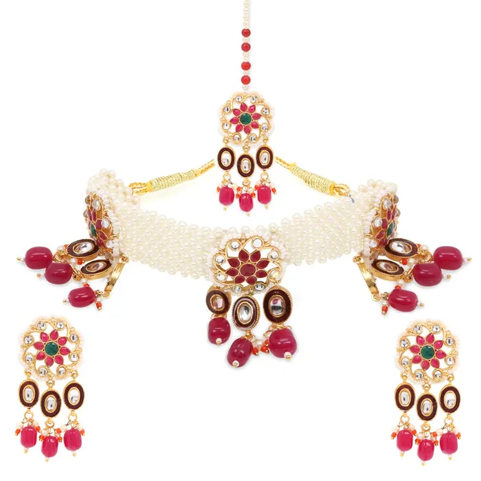 Yellow Chimes Ethnic Handcrafted Moti Pink Jewellery Set Gold Plated Traditional Floral Choker Necklace Set With Maang Tikka for women Girls Pink Yellow Chimes Rings