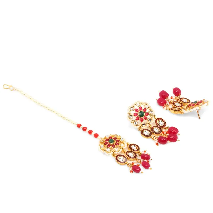 Yellow Chimes Ethnic Handcrafted Moti Pink Jewellery Set Gold Plated Traditional Floral Choker Necklace Set With Maang Tikka for women Girls Pink Yellow Chimes Rings