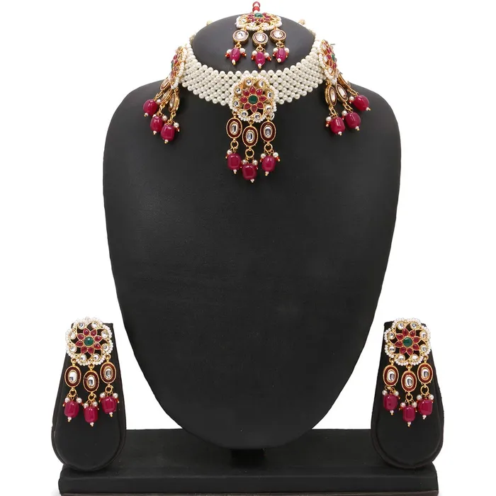Yellow Chimes Ethnic Handcrafted Moti Pink Jewellery Set Gold Plated Traditional Floral Choker Necklace Set With Maang Tikka for women Girls Pink Yellow Chimes Rings