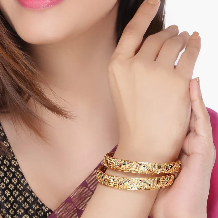 Yellow Chimes Ethnic Look Gold Plated Designer Traditional 2 Pcs Bangles Set for Women and Girls 24 Yellow Chimes Earrings