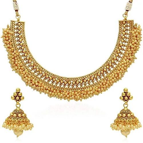 Yellow Chimes Exclusive Gold Plated Studded Pearl Antique Look Ethnic Traditional Choker Necklace Set with JhumkiJhumka Earrings Jewellery Set for Women and Girls Yellow Chimes Earrings