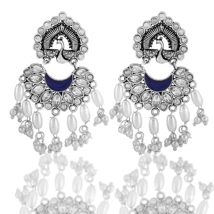 Yellow Chimes German Silver Oxidized Peacock Design Pearl Drop Earring for Women and Girls Yellow Chimes Earrings