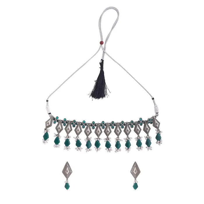 Yellow Chimes Jewellery Set for Women and Girls Choker Set for Women Silver Tone Green Beads Drop Choker Necklace Set for Women Birthday Gift For Girls and Women Anniversary Gift for Wife Yellow Chimes Earrings