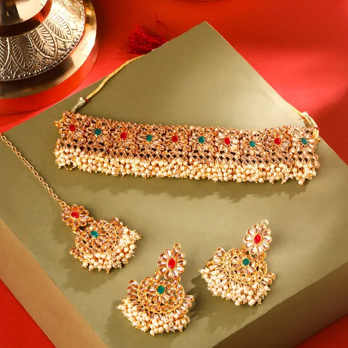 Yellow Chimes Jewellery Set for Women and Girls Kundans Necklace Set Gold Plated Kundan Choker Necklace Set Birthday Gift for girls and women Anniversary Gift for Wife Yellow Chimes Rings
