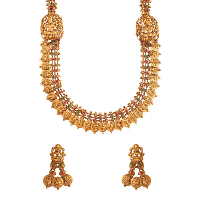 Yellow Chimes Jewellery Set for Women and Girls Temple Jewellery Set Gold Plated Coin Designed Temple Jewellery Set Birthday Gift for girls and women Anniversary Gift for Wife Yellow Chimes Earrings