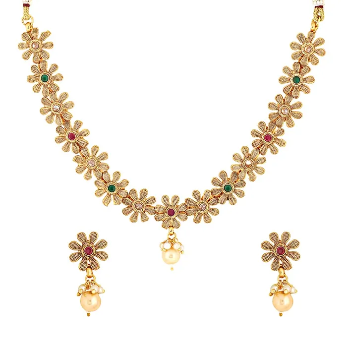 Yellow Chimes Jewellery Set for Women Gold Toned Floral Designed Crystal Studded Choker Necklace Set with Earrings for Women and Girls Yellow Chimes Rings