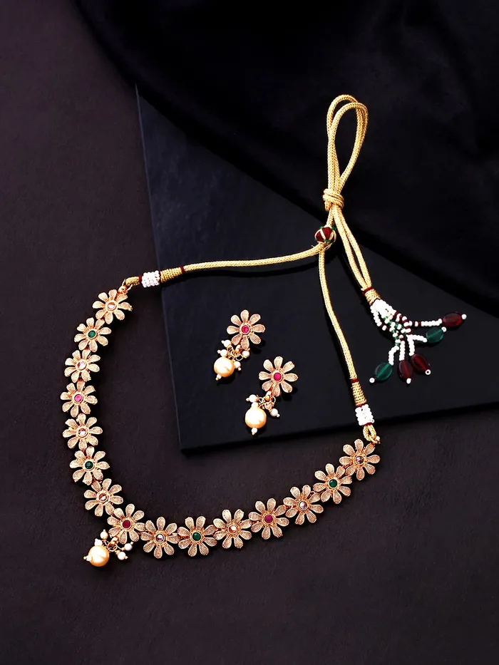 Yellow Chimes Jewellery Set for Women Gold Toned Floral Designed Crystal Studded Choker Necklace Set with Earrings for Women and Girls Yellow Chimes Rings