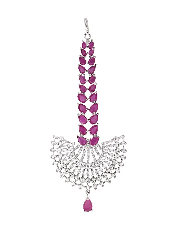 Yellow Chimes Maang Tikka for Women Beautiful ADAmerican Diamond Studded Rhodium Plated Crystal Maang Tikka for Women and Girls Design 17 Yellow Chimes Earrings