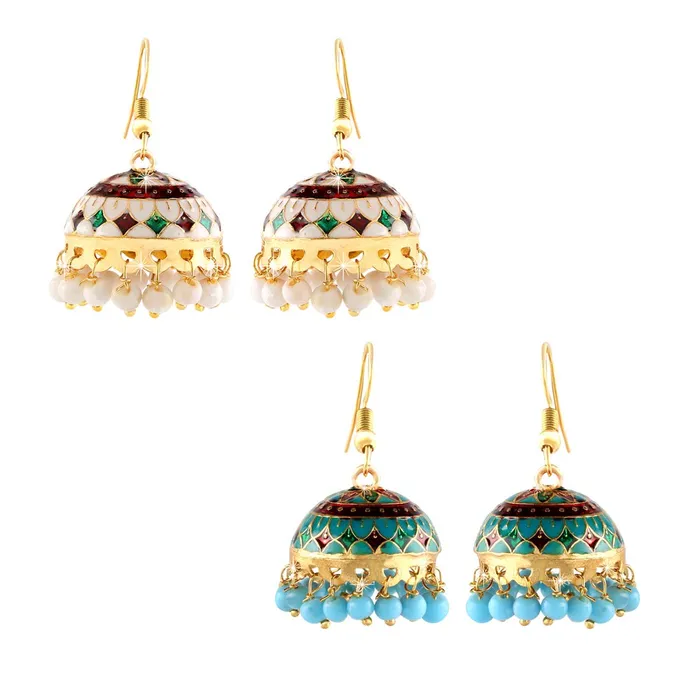 Yellow Chimes Meenakari Jumka Earrings with Ethnic Design Gold Plated Traditional Beads Combo of 2 pair for Women and Girls Yellow Chimes Rings