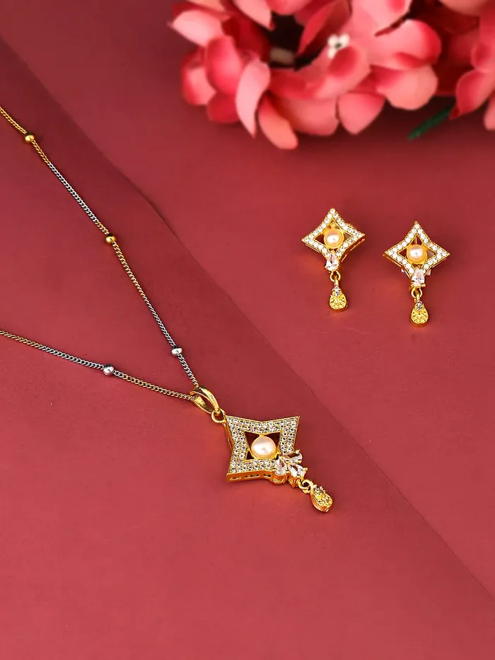 Yellow Chimes Pendant Set for Women Gold and Silver Toned Crystal Studded Geometric Designed Pendant Set with Earrings for Women and Girls Yellow Chimes Earrings